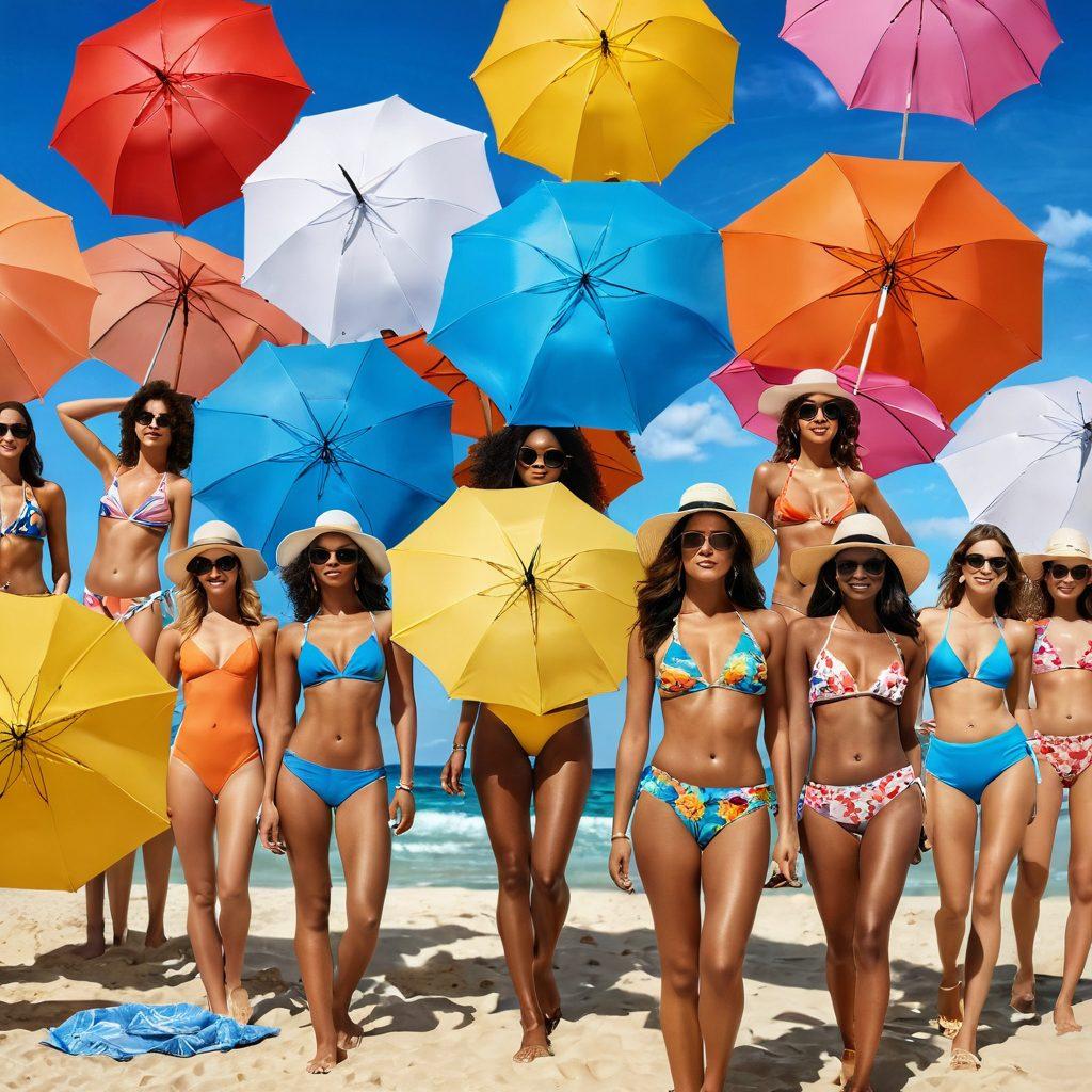 A vibrant beach scene featuring a diverse group of models showcasing the latest summer swimwear trends, including colorful two-pieces and bold statement swimsuits. The backdrop features soft waves, bright umbrellas, and sun-kissed sand, with a sunny blue sky enhancing the cheerful atmosphere. Include playful beach accessories like hats and sunglasses for added flair. super-realistic. vibrant colors. sunny beach setting.