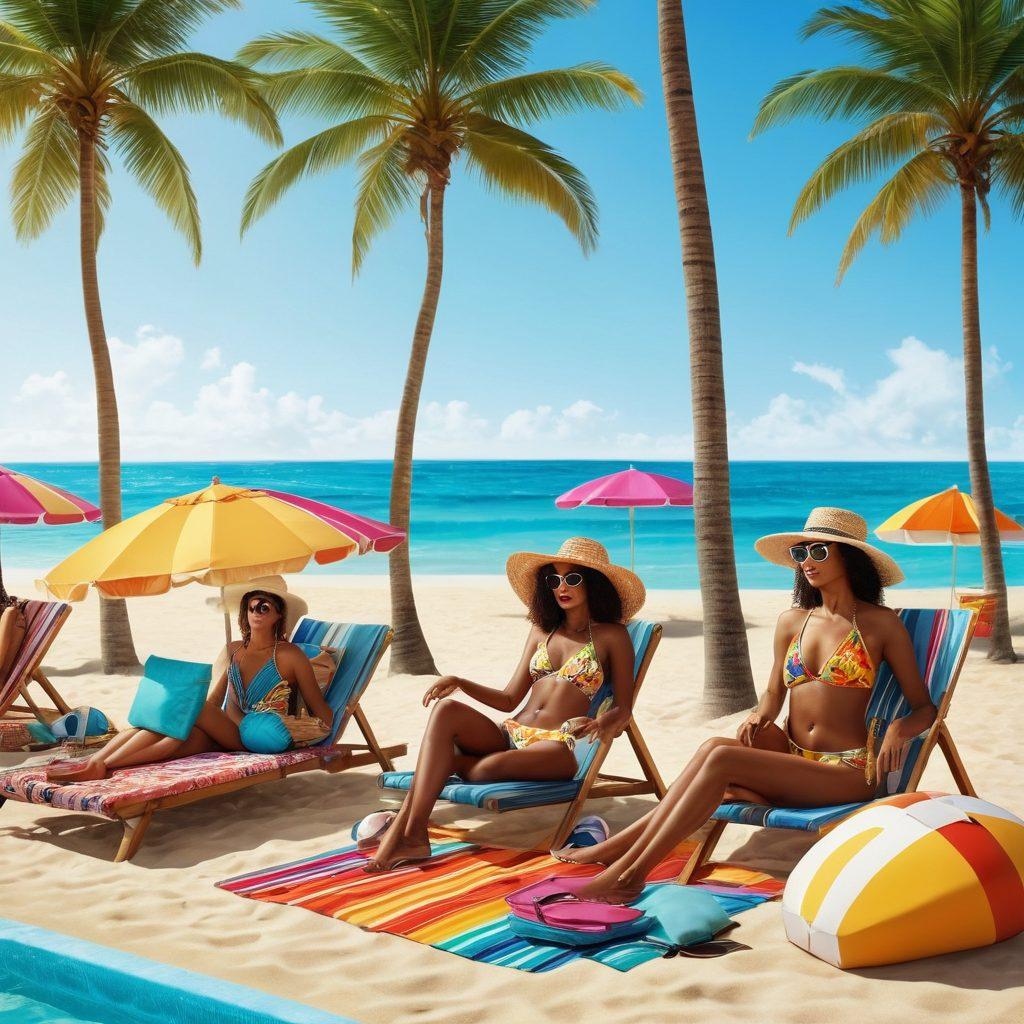 A stylish beach scene featuring diverse individuals showcasing unique beachwear in vibrant colors and patterns. The setting includes a sunny beach, palm trees, and beach accessories like sunglasses and hats. Add elements of different vacation vibes, such as beach volleyball, surfboards, and beach loungers. Reflect an empowering atmosphere that celebrates all body types with confident poses. super-realistic. vibrant colors. tropical background.