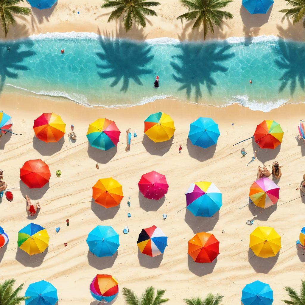 A sun-soaked beach scene showcasing a diverse group of people in trendy bikinis and stylish beachwear, vibrant umbrellas dotting the sandy shore, crystal-clear blue waves gently lapping at their feet, a colorful beach ball and surfboards scattered around. The atmosphere radiates joy and summer vibes with palm trees swaying in the background. super-realistic. vibrant colors. 3D.